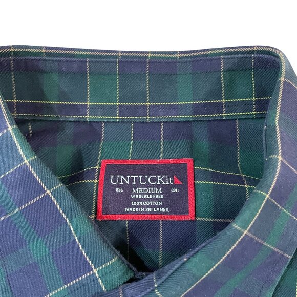 Untuckit Plaid Shirt Men's Size Medium  Wrinkle Free Cotton Green Blue Casual - Picture 2 of 5